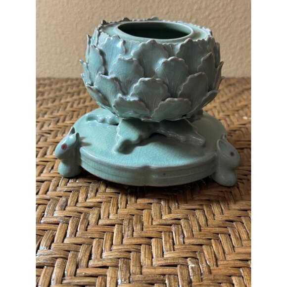 Vintage Celadon Porcelain Lotus Flower Incense Burner With Rabbit Design - Picture 3 of 6